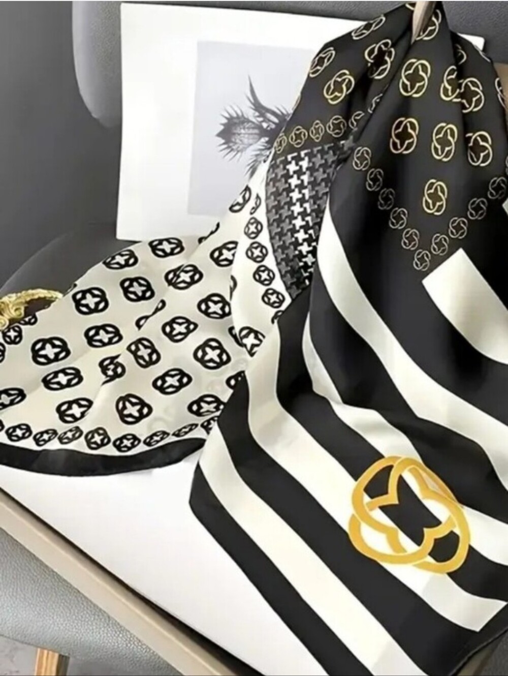 Black & Cream Striped Logo-Pattern Silk Scarf